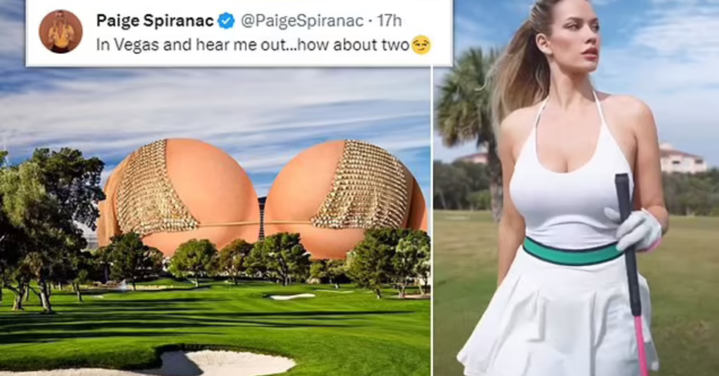 Golf glamor girl Paige Spiranac makes a VERY rude Las Vegas Sphere suggestion… while attending the latest LIV Golf event