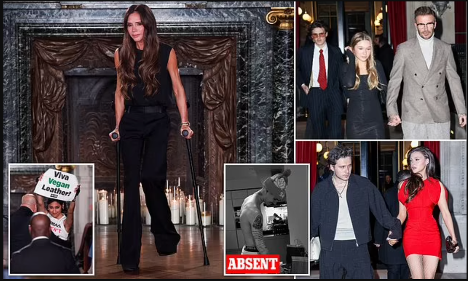 Victoria Beckham doesn’t let crutches or protesters spoil her big moment as she’s supported by (almost) all he